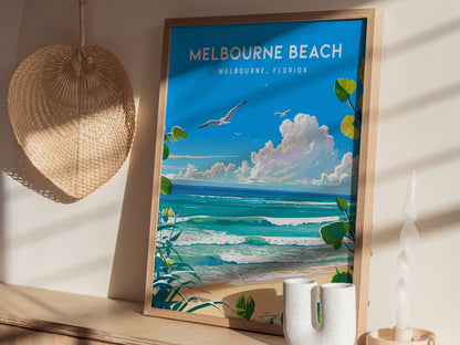 A framed poster of Melbourne Beach in vibrant colors shows seagulls, ocean waves, and clouds. Its displayed on a wooden shelf with a woven hat, candle, and ceramic vase.