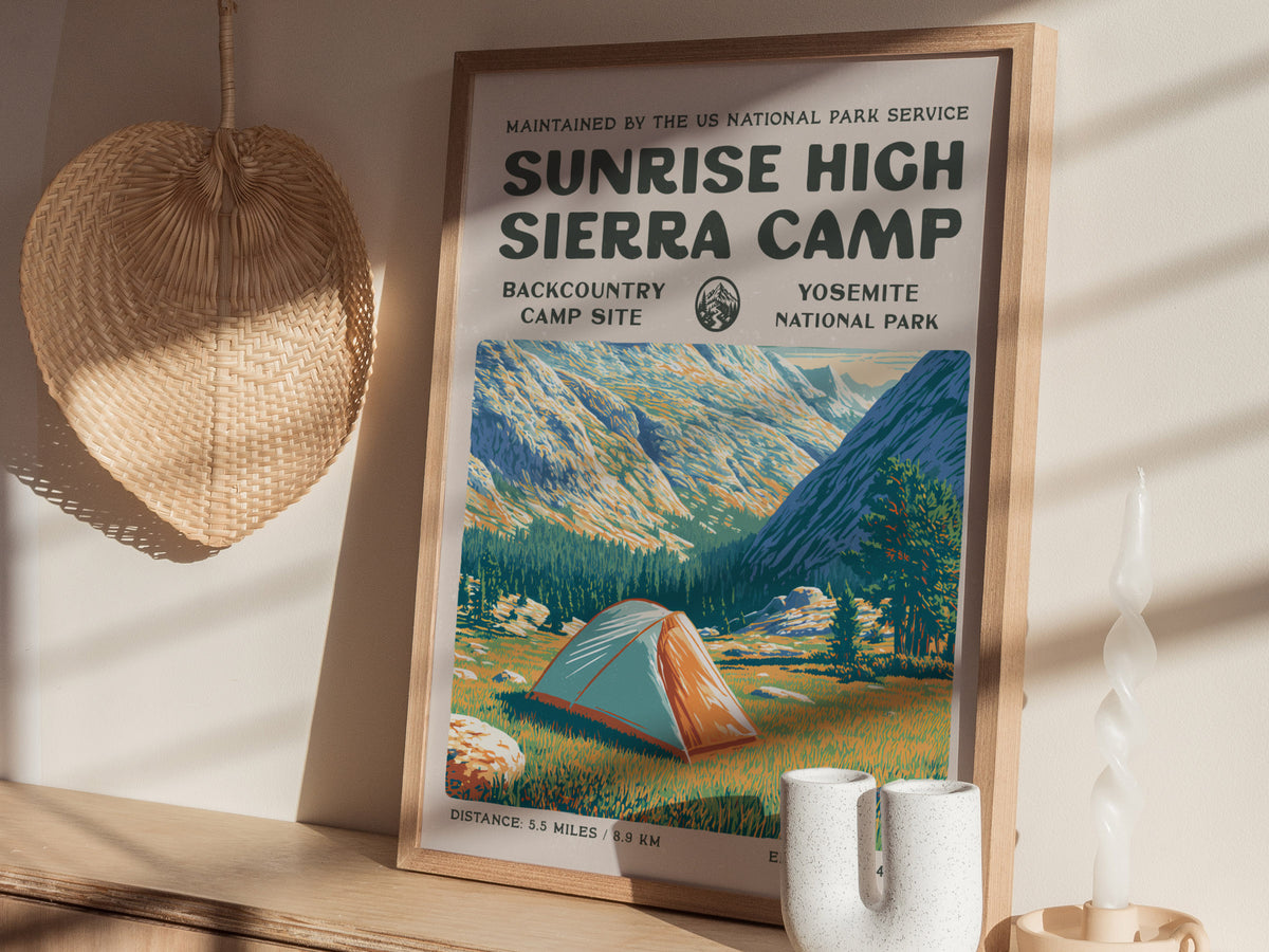 Sunrise High Sierra Camp, Yosemite National Park Poster | Backpacker Gift | Backcountry Trail Wall Art — styled in a modern i