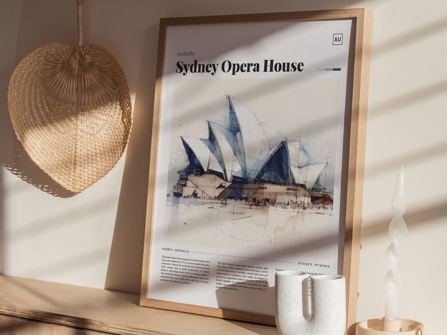 A framed poster of the Sydney Opera House with a watercolor illustration is displayed on a shelf, accompanied by a woven basket, a white twisted candle, and a ceramic vase.