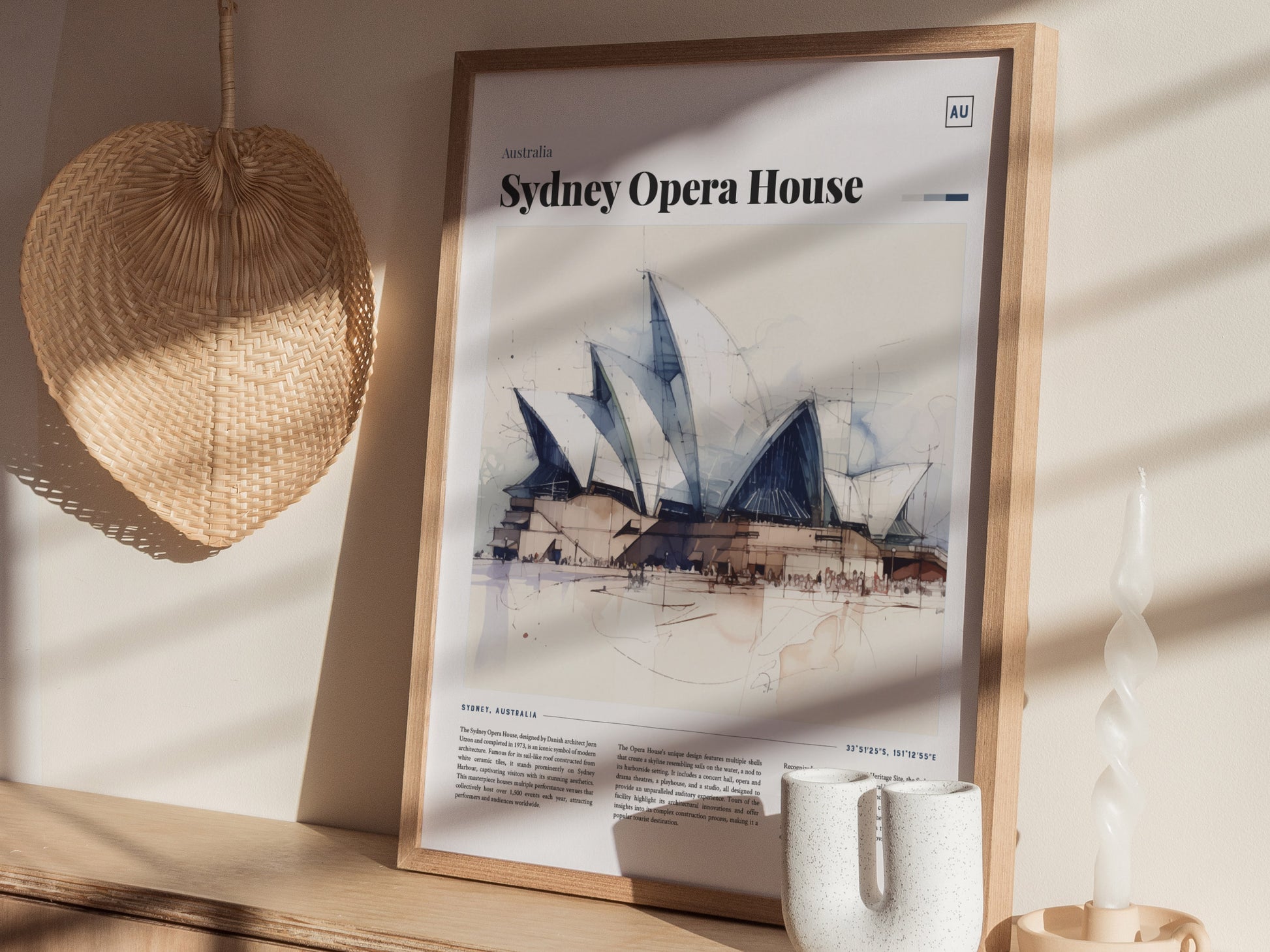 A framed poster of the Sydney Opera House with a watercolor illustration is displayed on a shelf, accompanied by a woven basket, a white twisted candle, and a ceramic vase.