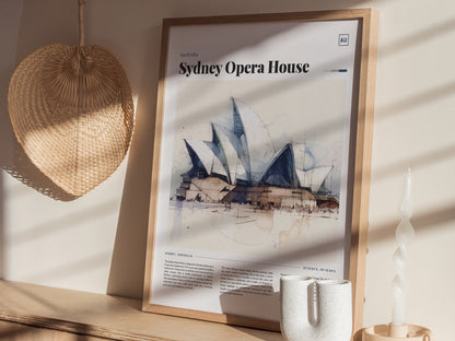 A framed poster of the Sydney Opera House with a watercolor illustration is displayed on a shelf, accompanied by a woven basket, a white twisted candle, and a ceramic vase.