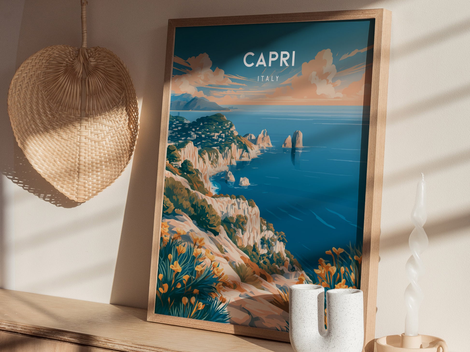 Capri, Italy Poster | Mediterranean Island Coastal Beach Decor Wall Art — styled in a modern interior