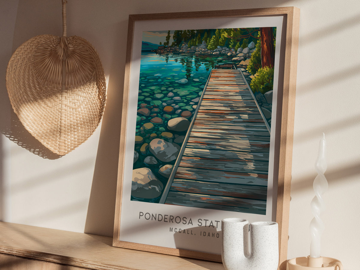 Ponderosa State Park Matte Border Poster | Mccall, Idaho Destination Print Travel Wall Art — styled in a modern interior