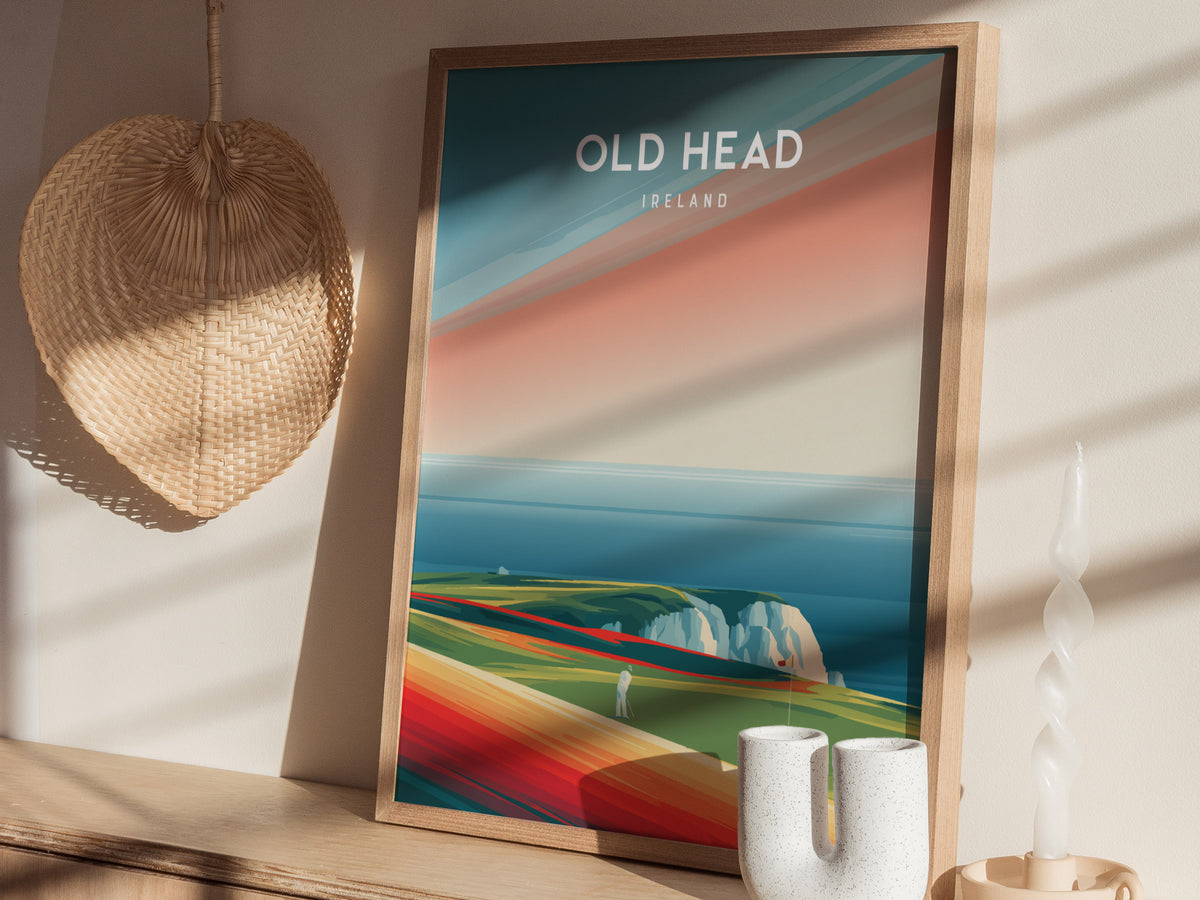 Old Head, Ireland Poster | Dramatic Cliffs & Fairway Golfer Gift Wall Art — styled in a modern interior