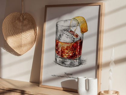 Negroni Poster | Vintage Cocktail Scientific Illustration Wall Art — styled in a modern interior