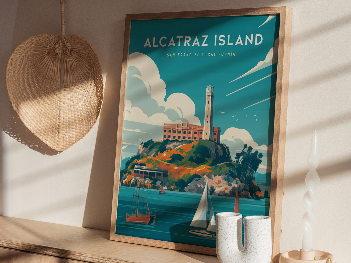 A framed Alcatraz Island poster depicts the iconic prison surrounded by water and sailboats, placed on a wooden shelf with decorative items nearby. Sunlight casts shadows across the scene.