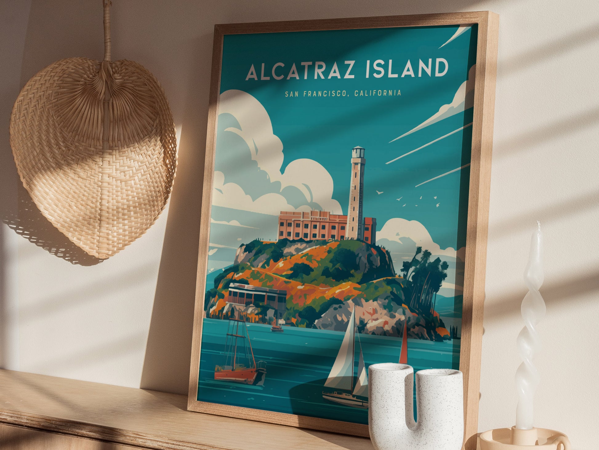 A framed Alcatraz Island poster depicts the iconic prison surrounded by water and sailboats, placed on a wooden shelf with decorative items nearby. Sunlight casts shadows across the scene.