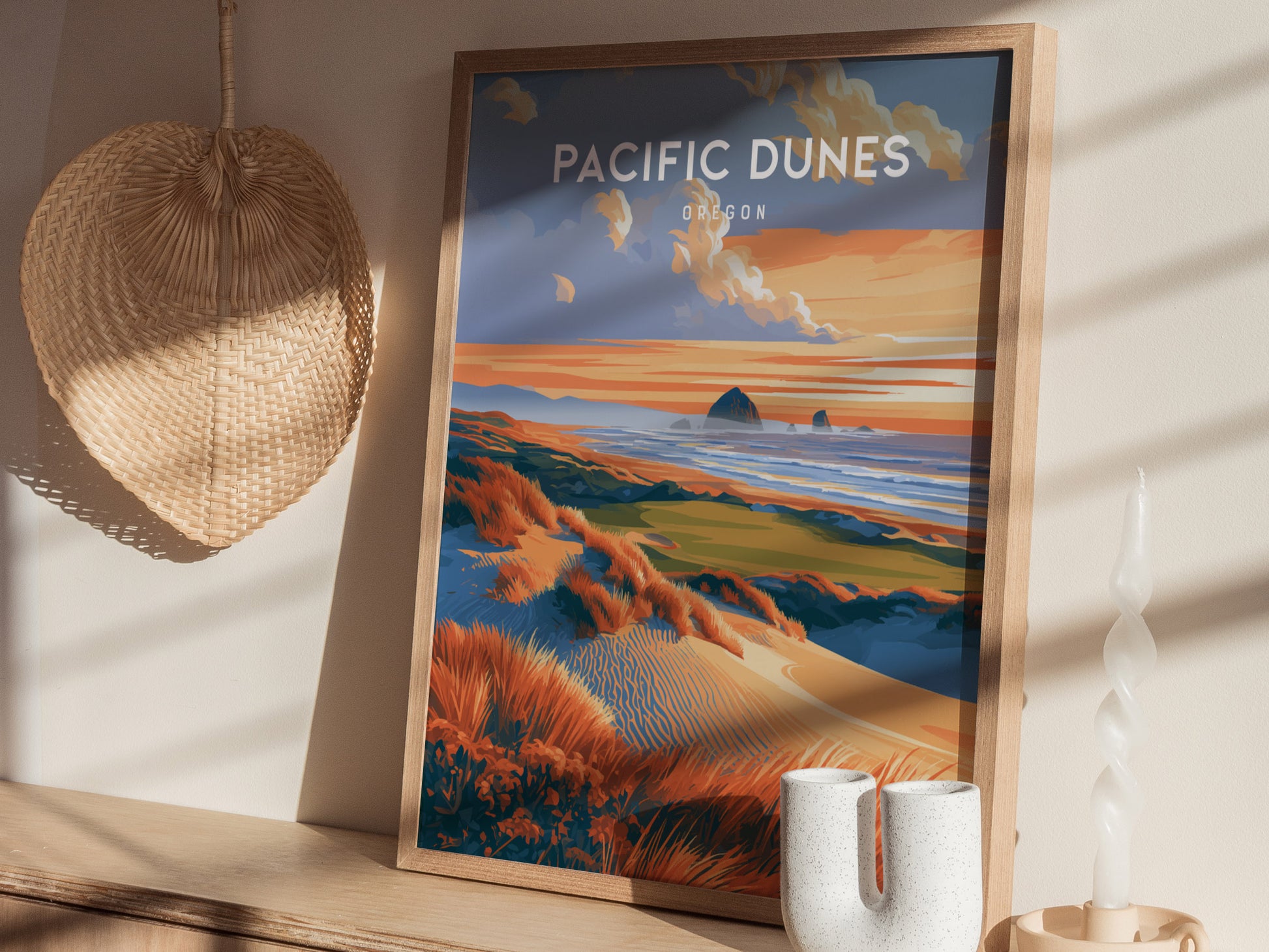 Pacific Dunes, Oregon Poster | Windswept Coast Destination Print Wall Art — styled in a modern interior