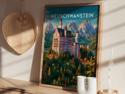 Neuschwanstein, Germany Poster | Fairytale Castle Bavarian Alps Wall Art — styled in a modern interior