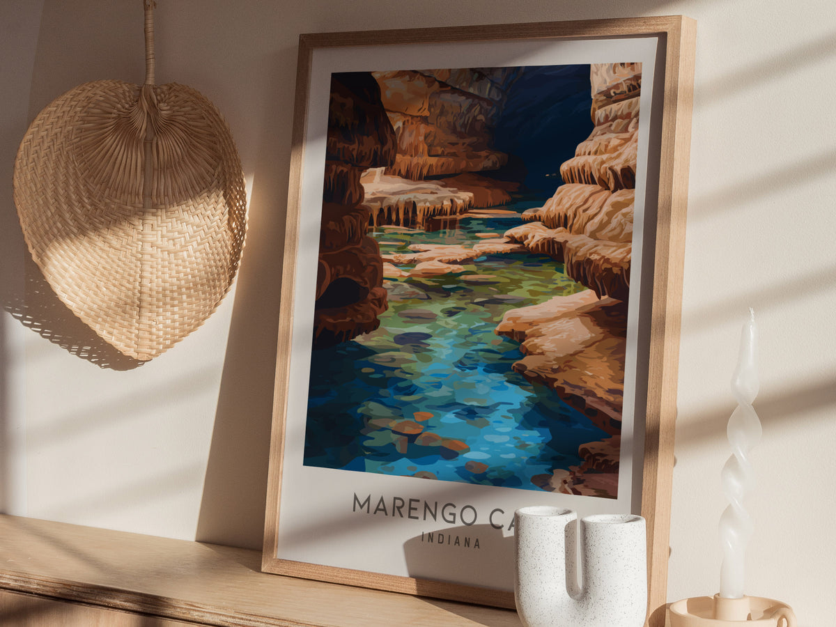 Marengo Cave Matte Border Poster | Indiana Travel Wall Art — styled in a modern interior