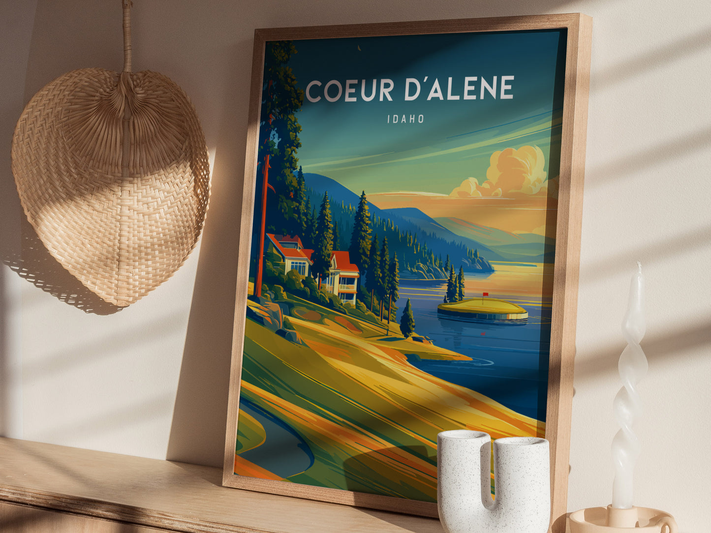 Coeur d'Alene Resort, Idaho Poster | Lakeside Golf Course Scenic Wall Art — styled in a modern interior