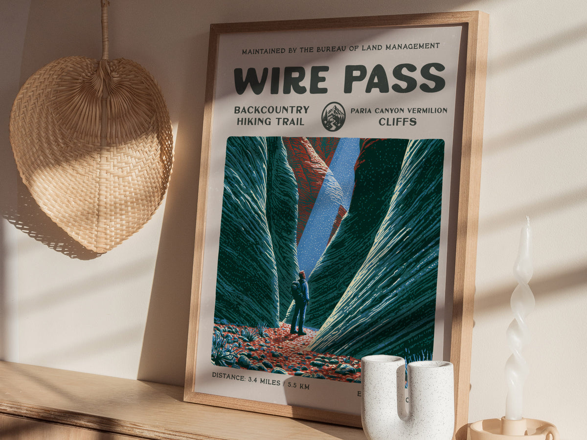 Wire Pass, Paria Canyon-Vermilion Cliffs Poster | Hiker Gift | Backcountry Trail Wall Art — styled in a modern interior