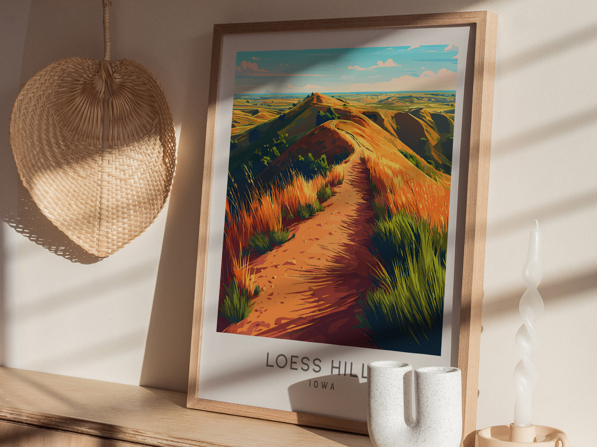 Loess Hills Matte Border Poster | Iowa Travel Wall Art — styled in a modern interior