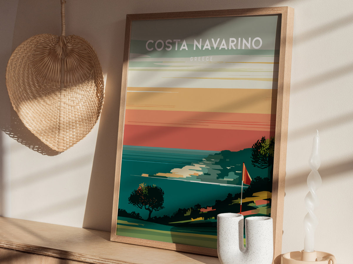 Costa Navarino, Greece Poster | Mediterranean Links Golfer Gift Wall Art — styled in a modern interior