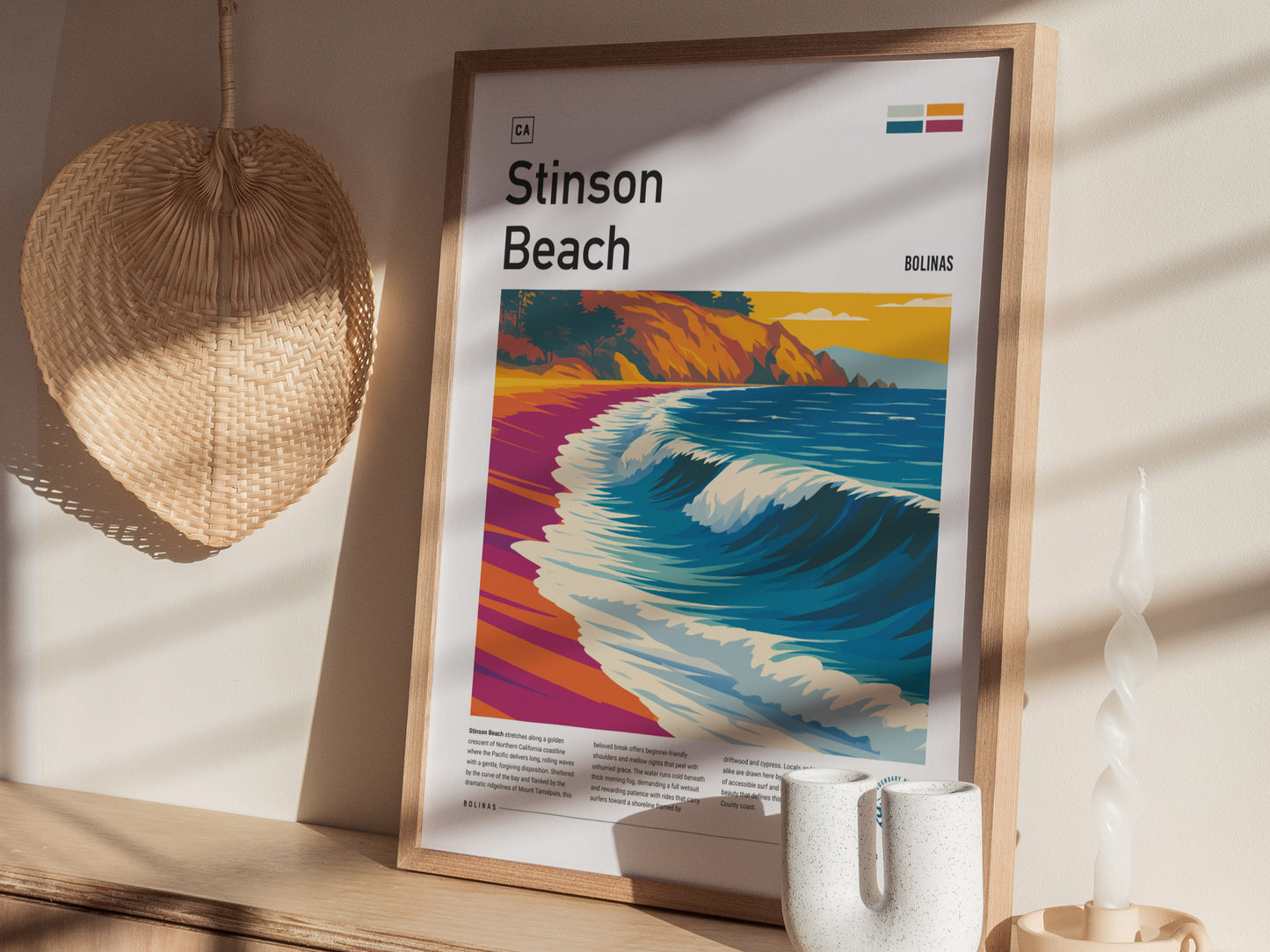 Stinson Beach, California Poster | Golden Coast Surf & Sunset Wall Art — styled in a modern interior