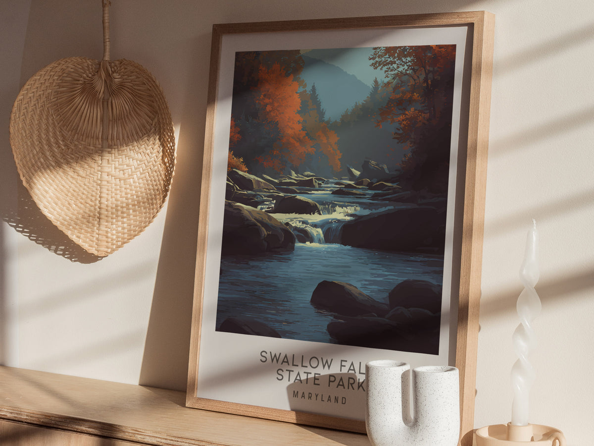 Swallow Falls State Park Matte Border Poster | Maryland Travel Wall Art — styled in a modern interior