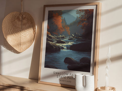 Swallow Falls State Park Matte Border Poster | Maryland Travel Wall Art — styled in a modern interior