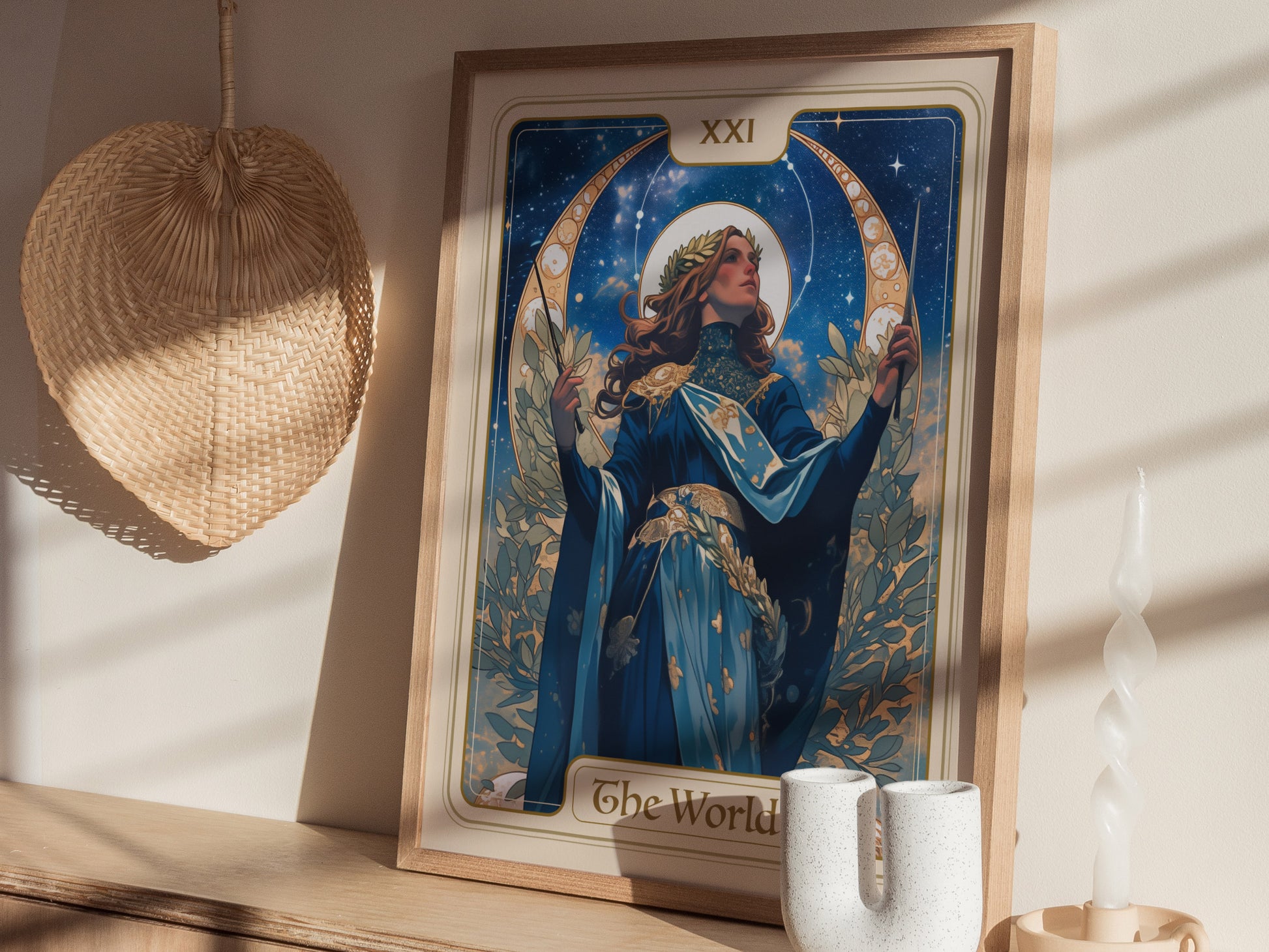 Home setting displaying framed and unframed wall art posters featuring a crowned figure amidst a starry night sky.