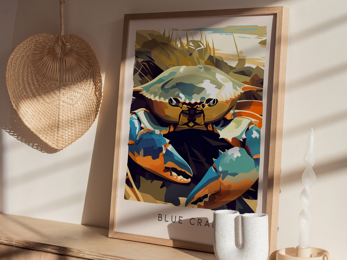 Blue Crab, Callinectes sapidus Poster | Coastal Wildlife Wall Art — styled in a modern interior