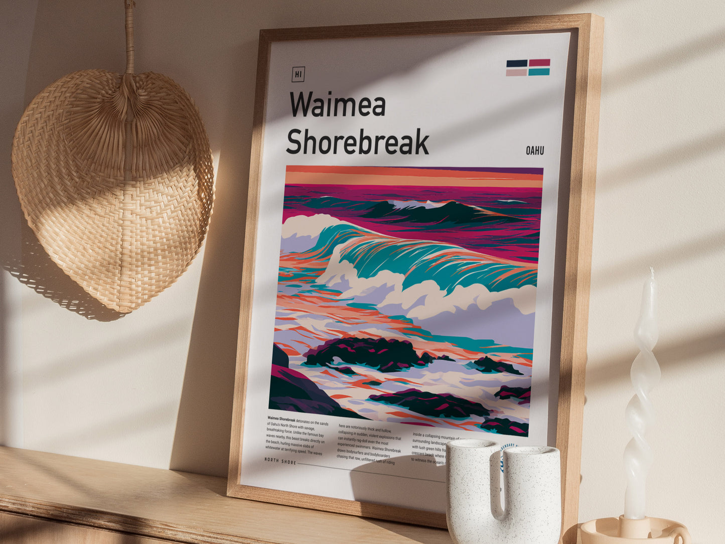 Waimea Shorebreak, Hawaii Poster | Thundering Waves North Shore Wall Art — styled in a modern interior