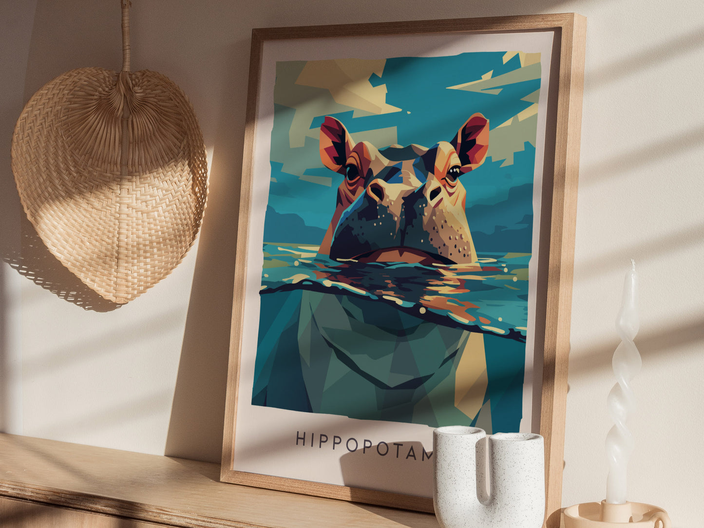 Hippopotamus, Africa Poster | Majestic River Wildlife Wall Art — styled in a modern interior