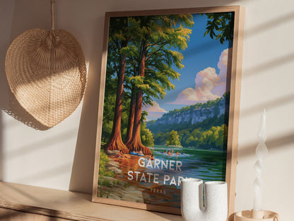 Garner State Park, Texas Poster | Hill Country River Destination Print Wall Art — styled in a modern interior