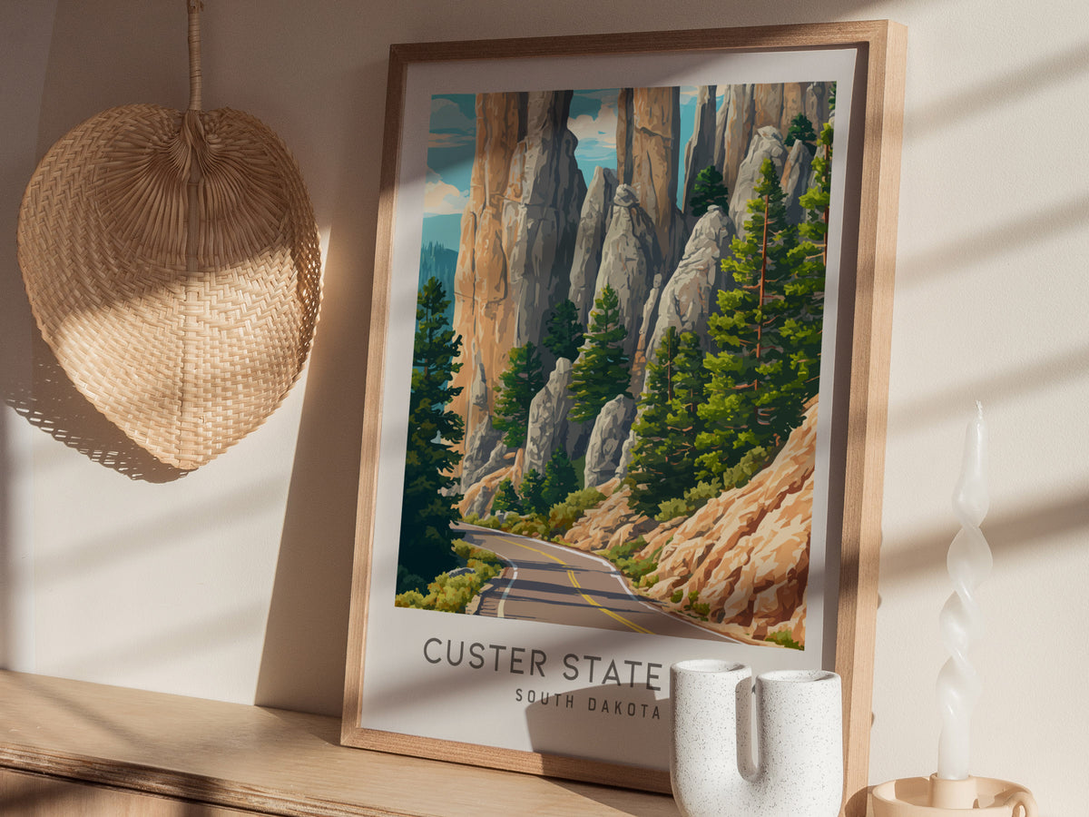 Custer State Park Matte Border Poster | South Dakota Travel Gift Vacation Wall Art — styled in a modern interior
