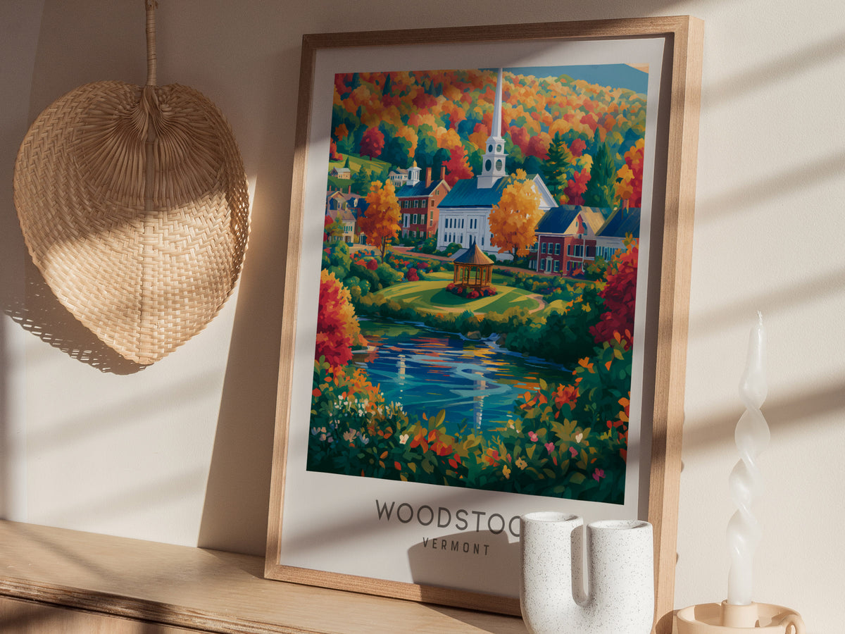 Woodstock Matte Border Poster | Vermont Travel Gift Framed or Unframed — styled in a modern interior