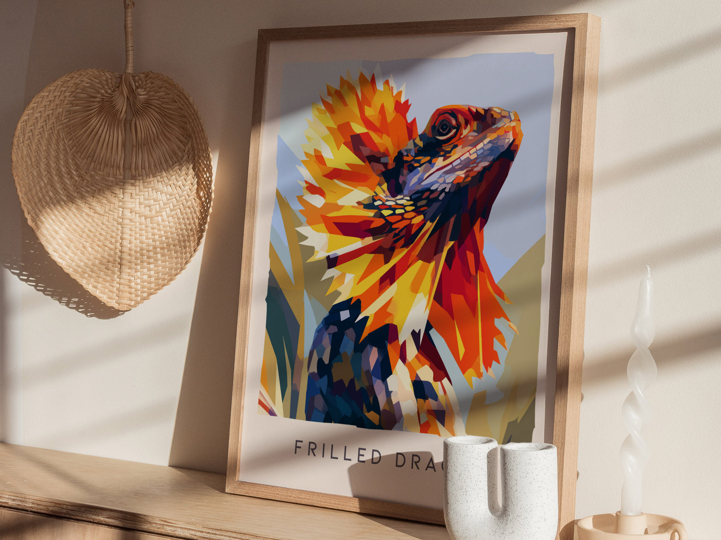 Frilled Dragon, Wildlife Poster | Ancient Reptile Portrait Wall Art — styled in a modern interior