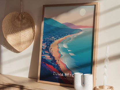 A vibrant art print of Zuma Beach in Malibu, California, featuring stylized waves, mountains, and a pastel sunset.