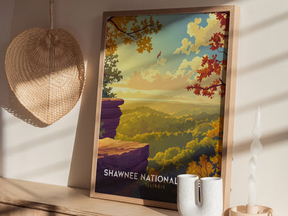 A vibrant travel poster showcases a picturesque landscape of Shawnee National Forest in Illinois, featuring layered hills adorned with autumn foliage and a soft, colorful sky.