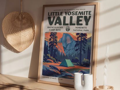 Little Yosemite Valley, Yosemite National Park Poster | Hiker Gift | Backcountry Trail Wall Art — styled in a modern interior