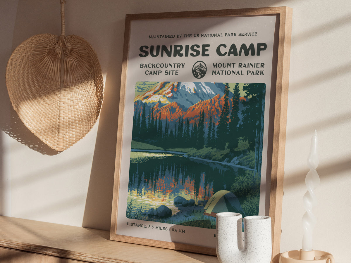 Sunrise Camp, Mount Rainier National Park Poster | Hiker Gift | Backcountry Trail Wall Art — styled in a modern interior