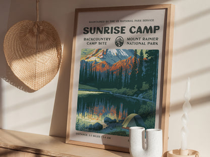 Sunrise Camp, Mount Rainier National Park Poster | Hiker Gift | Backcountry Trail Wall Art — styled in a modern interior
