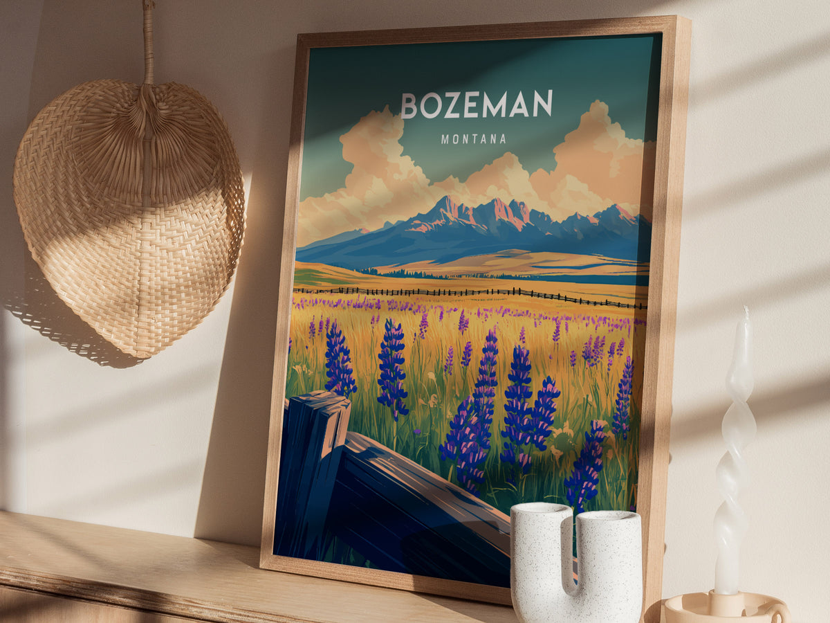 Bozeman, Montana Poster | Mountain Valley Adventure Wall Art — styled in a modern interior