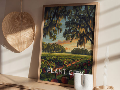 A framed poster of Plant City, Florida, features vibrant strawberry fields under a sunrise with oak trees and Spanish moss. Its displayed on a shelf alongside a wicker fan and.