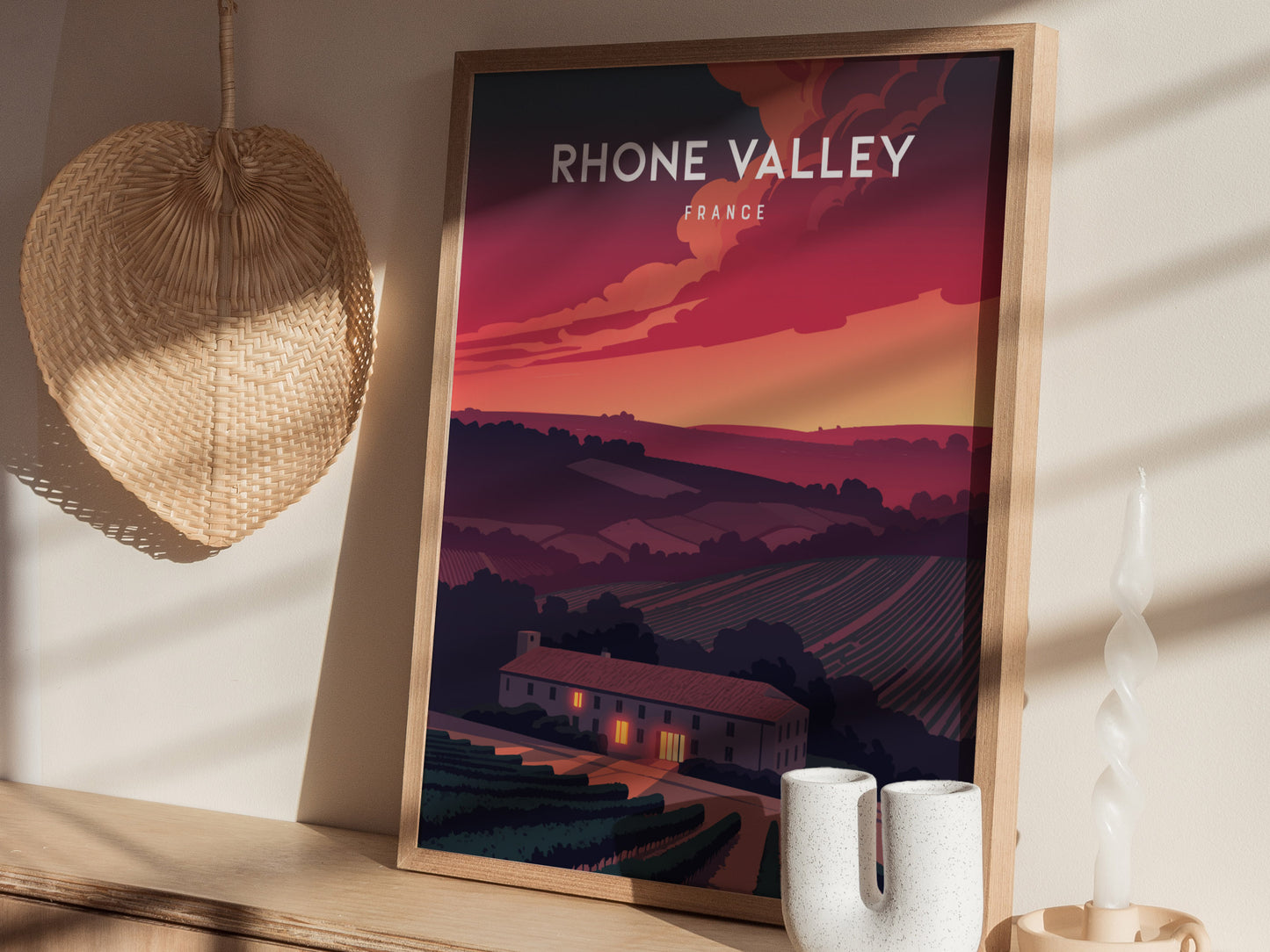 Rhône Valley, France Poster | Vineyard & River Countryside Wall Art — styled in a modern interior