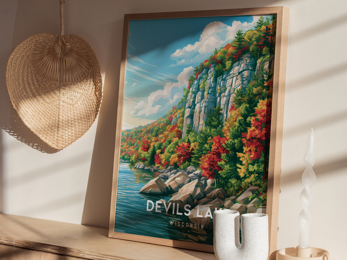 Devils Lake, Wisconsin Poster | Bluffs & Blue Water Travel Wall Art — styled in a modern interior