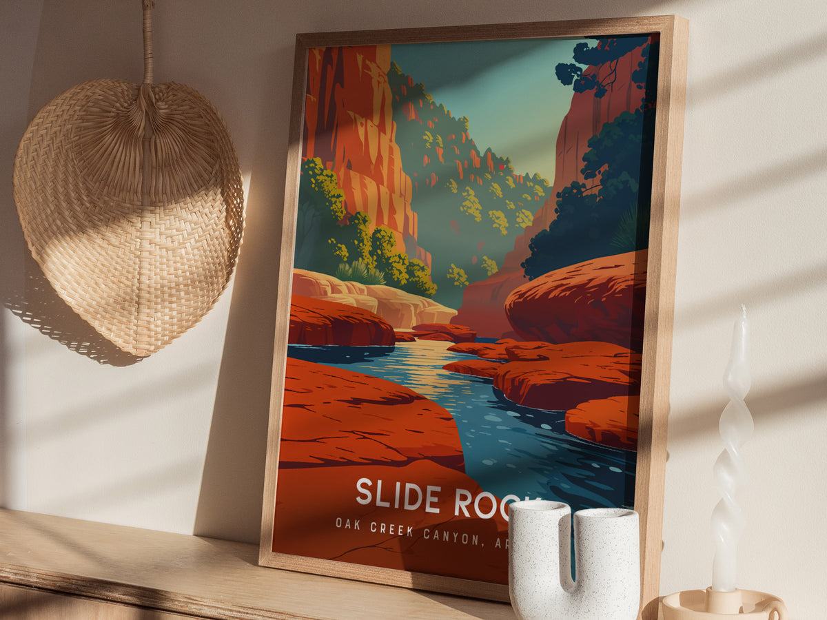 Slide Rock, Oak Creek Canyon, Arizona Poster | Red Rock Swimming Hole Travel Wall Art — styled in a modern interior