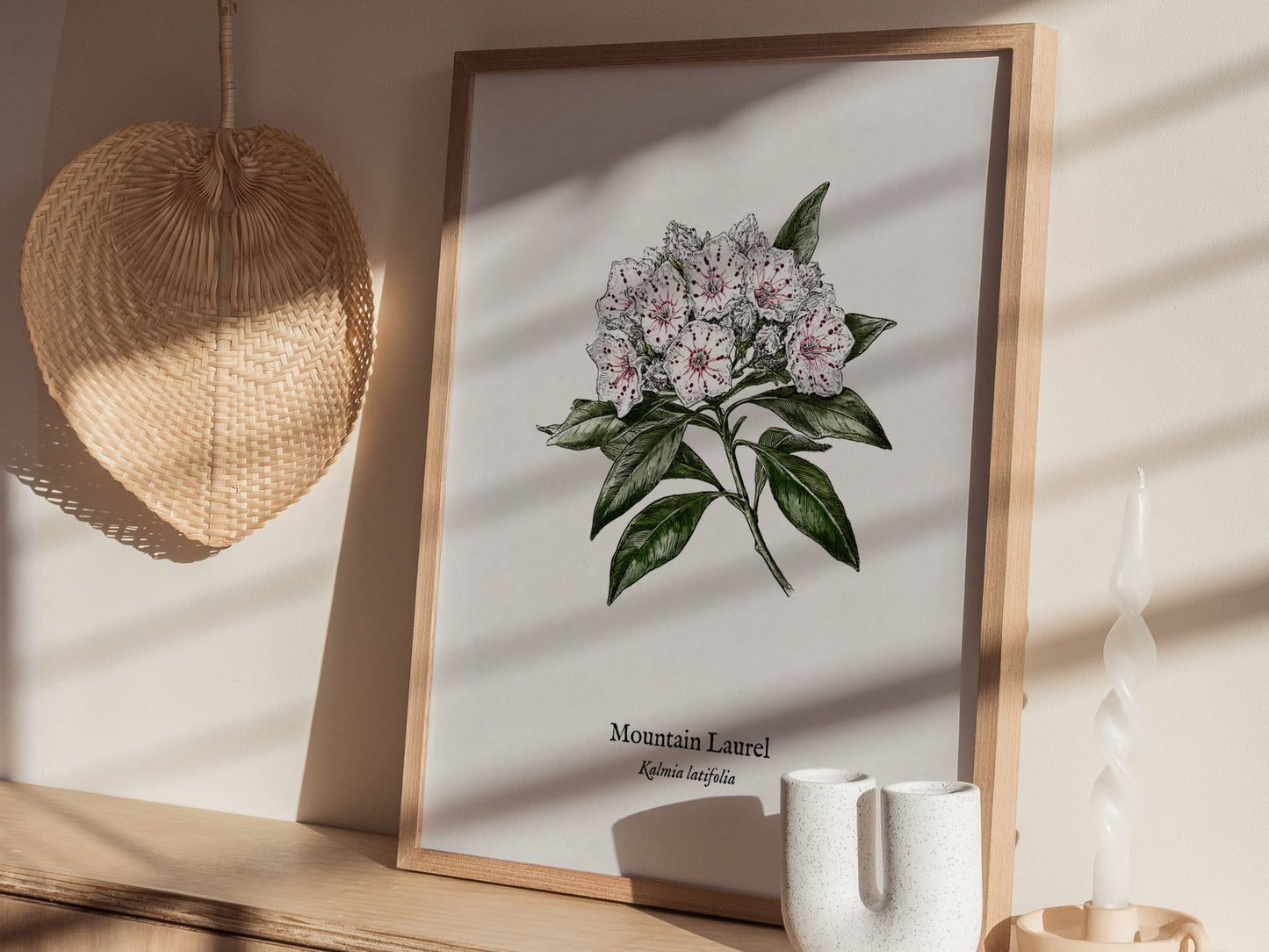 Mountain Laurel Poster | Kalmia latifolia Pen and Ink Print Vintage Botanical Illustration — styled in a modern interior