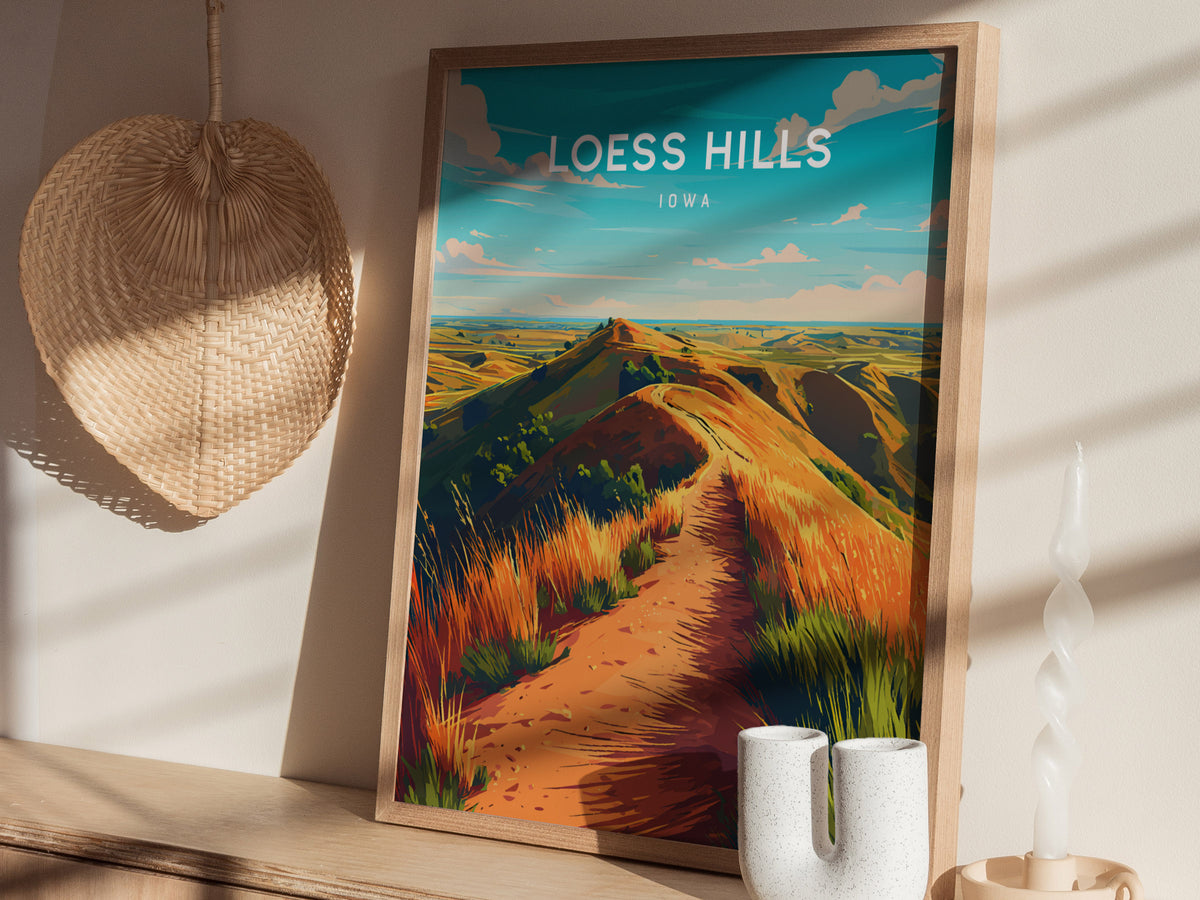 Loess Hills, Iowa Poster | Rolling Prairie Bluffs Destination Print Wall Art — styled in a modern interior
