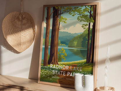 Radnor Lake State Park, Nashville, Tennessee Poster | Woodland Lake Serenity Travel Wall Art — styled in a modern interior