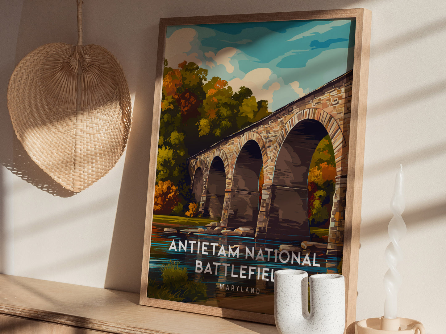 Antietam National Battlefield, Maryland Poster | Civil War Monument & Rolling Fields Wall Art — styled in a modern interior