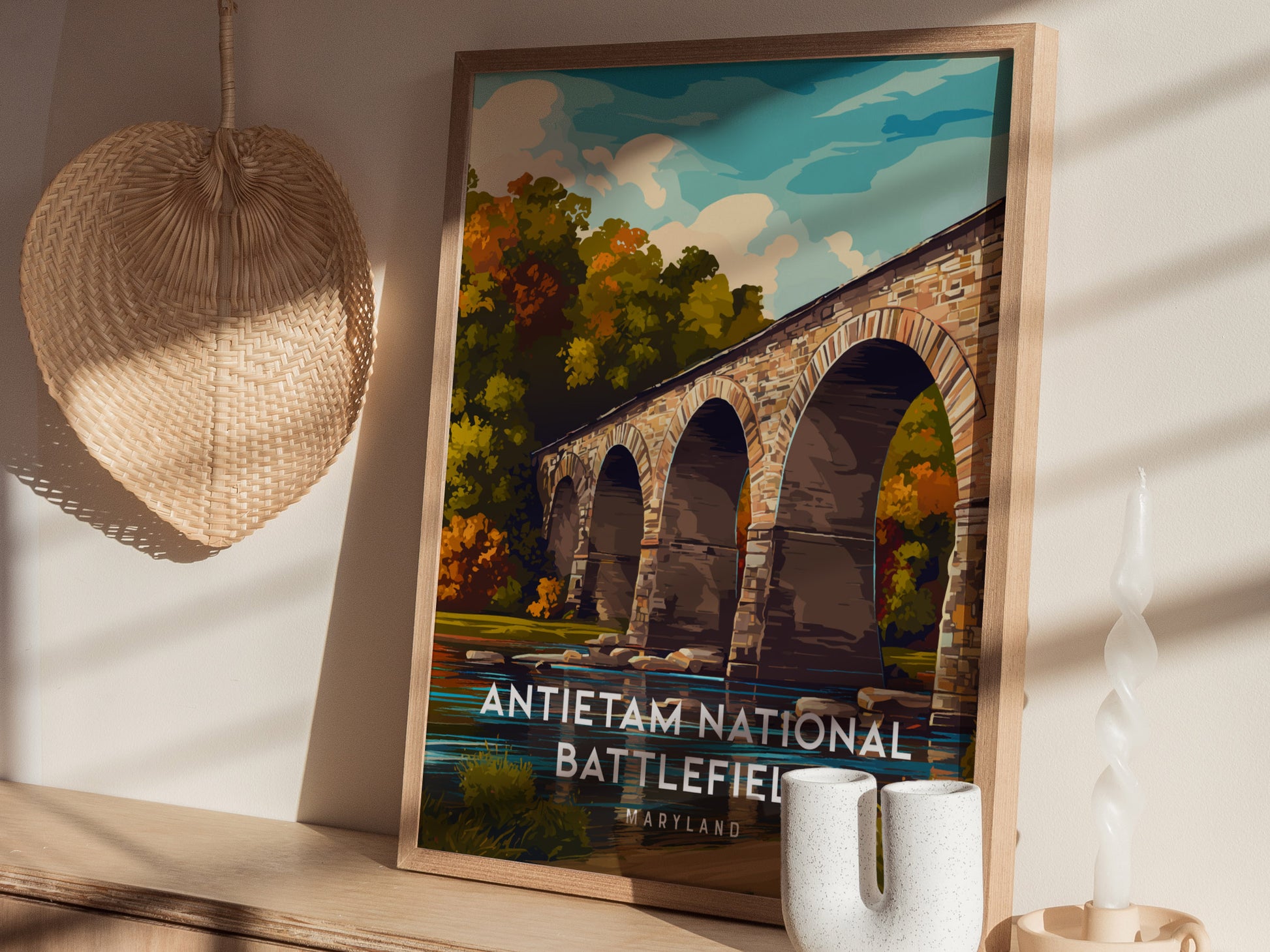 Antietam National Battlefield, Maryland Poster | Civil War Monument & Rolling Fields Wall Art — styled in a modern interior