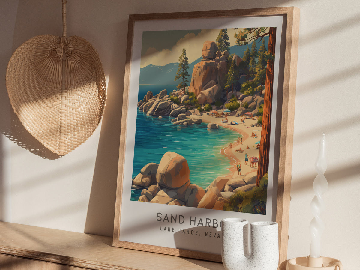 Sand Harbor Matte Border Poster | Lake Tahoe, Nevada Coastal Beach Decor — styled in a modern interior
