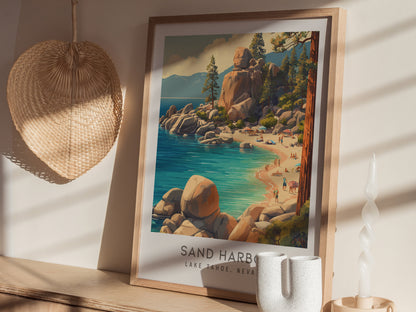 Sand Harbor Matte Border Poster | Lake Tahoe, Nevada Coastal Beach Decor — styled in a modern interior