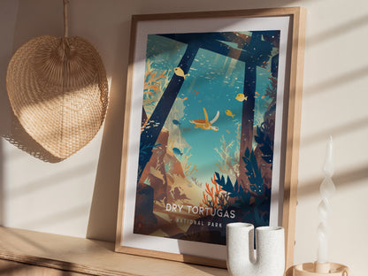 A framed poster of Dry Tortugas National Park features a vibrant underwater scene with fish and a turtle. Its displayed on a wooden shelf alongside a wicker fan and decorative.