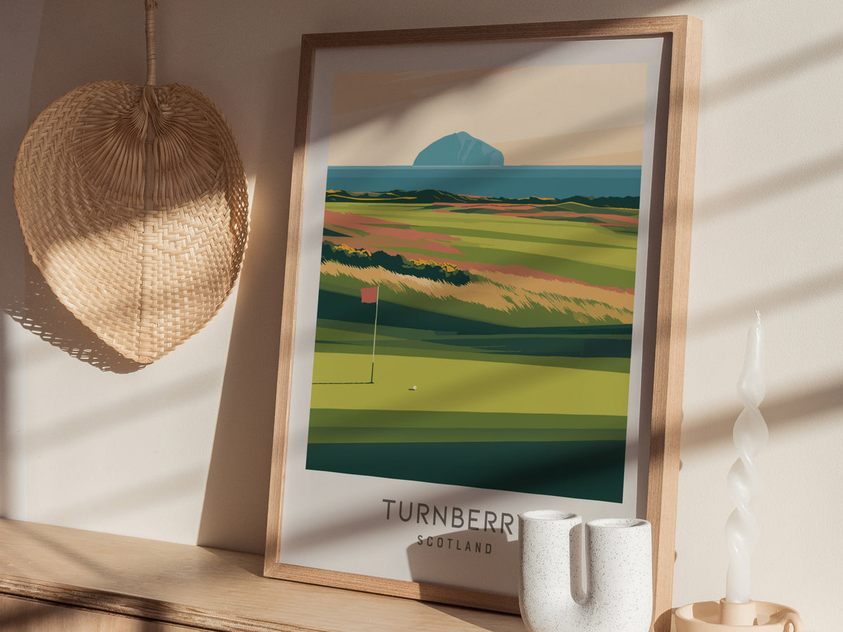 Turnberry Matte Border Poster | Scotland Travel Wall Art — styled in a modern interior
