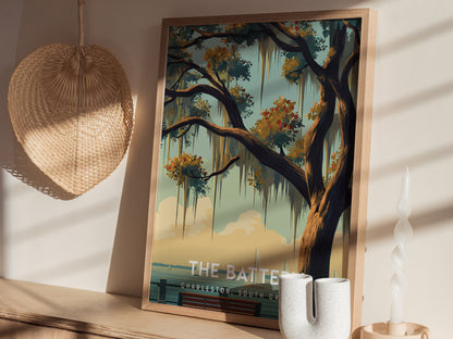The Battery, Charleston, South Carolina Poster | Historic Waterfront Promenade Travel Wall Art — styled in a modern interior