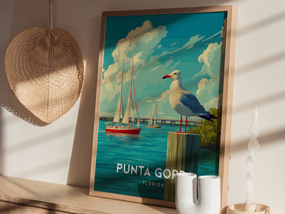 A vibrant art print featuring a seagull perched on a wooden post in Punta Gorda, Florida, with sailboats in the background under a bright blue sky filled with fluffy clouds. The image captures the serene coastal atmosphere of the area.